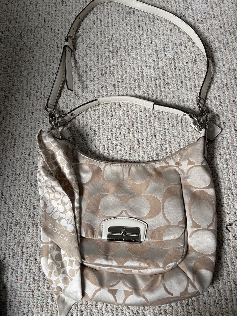 Coach Signature Hobo Bag in Beige and Ivory with Silver Hardware